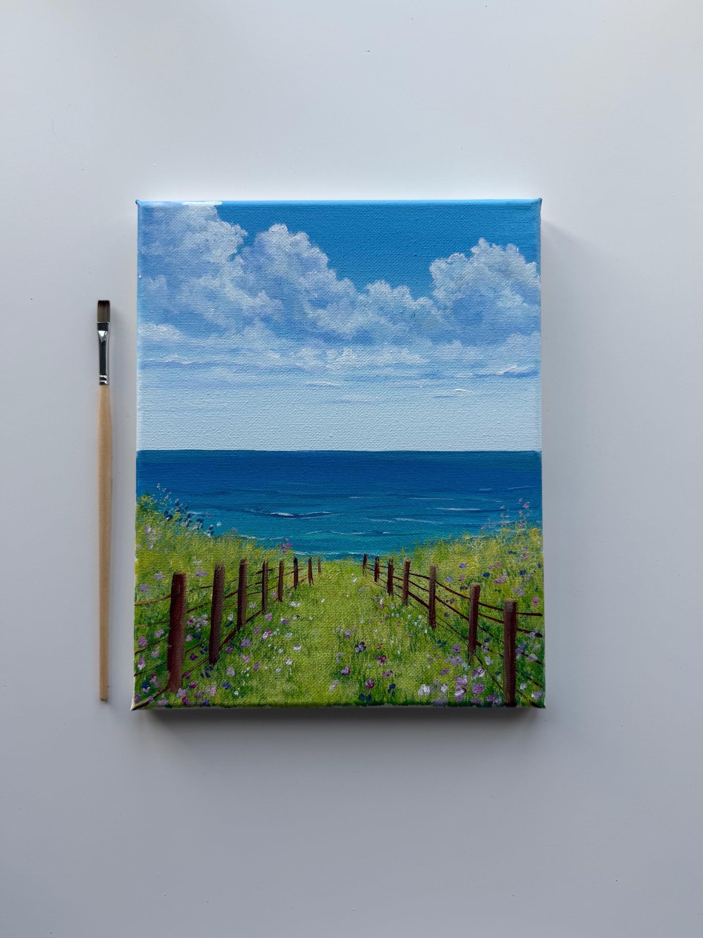 Coastal Path Painting 8x10 | Original Acrylic Seascape | Ocean View Wildflower Meadow | Beach Wall Art