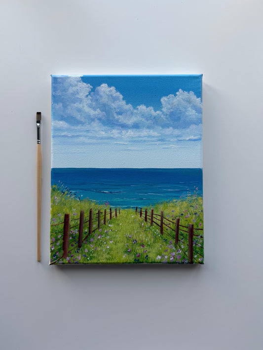 Coastal Path Painting 8x10 | Original Acrylic Seascape | Ocean View Wildflower Meadow | Beach Wall Art