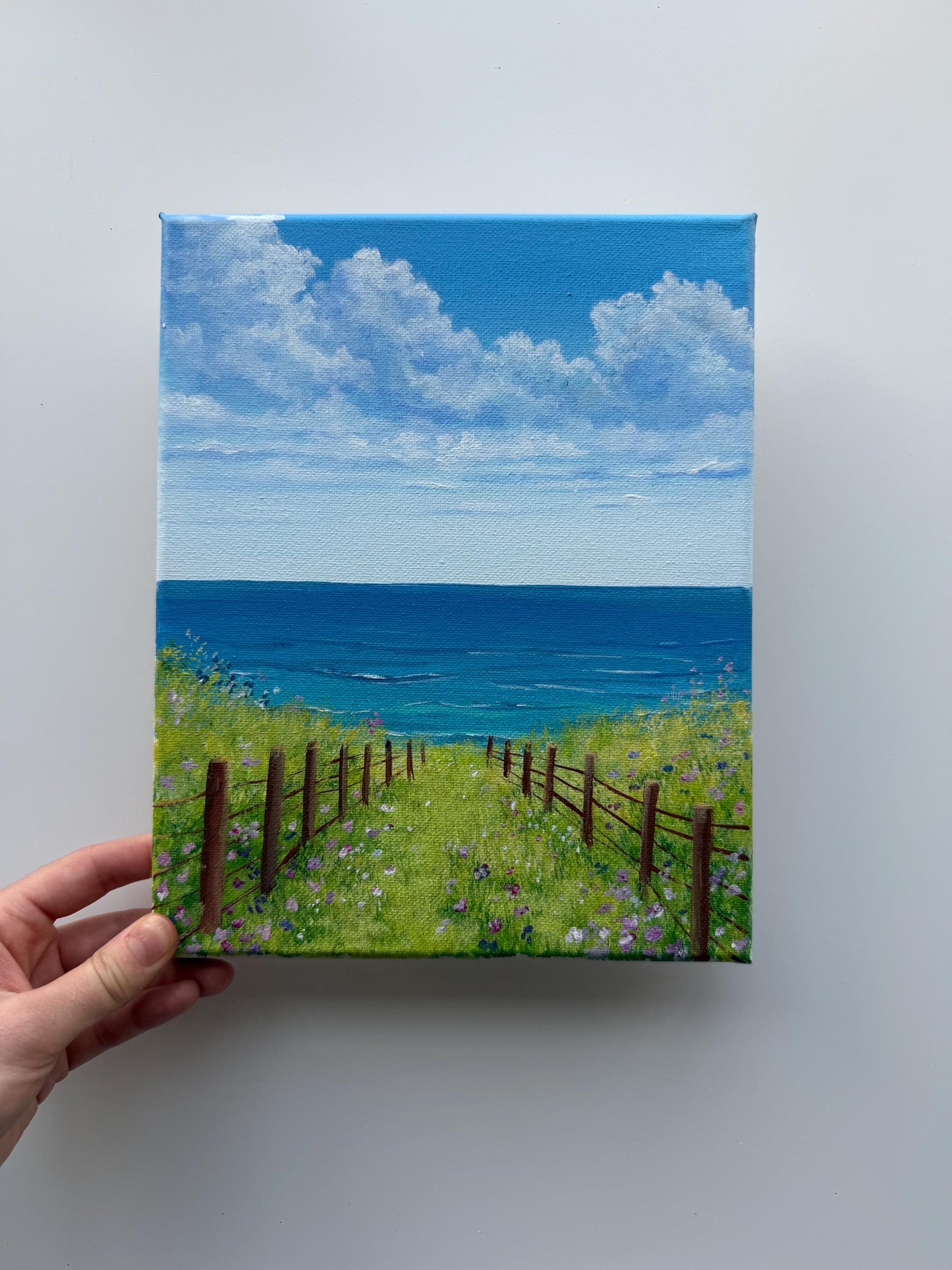 Coastal Path Painting 8x10 | Original Acrylic Seascape | Ocean View Wildflower Meadow | Beach Wall Art