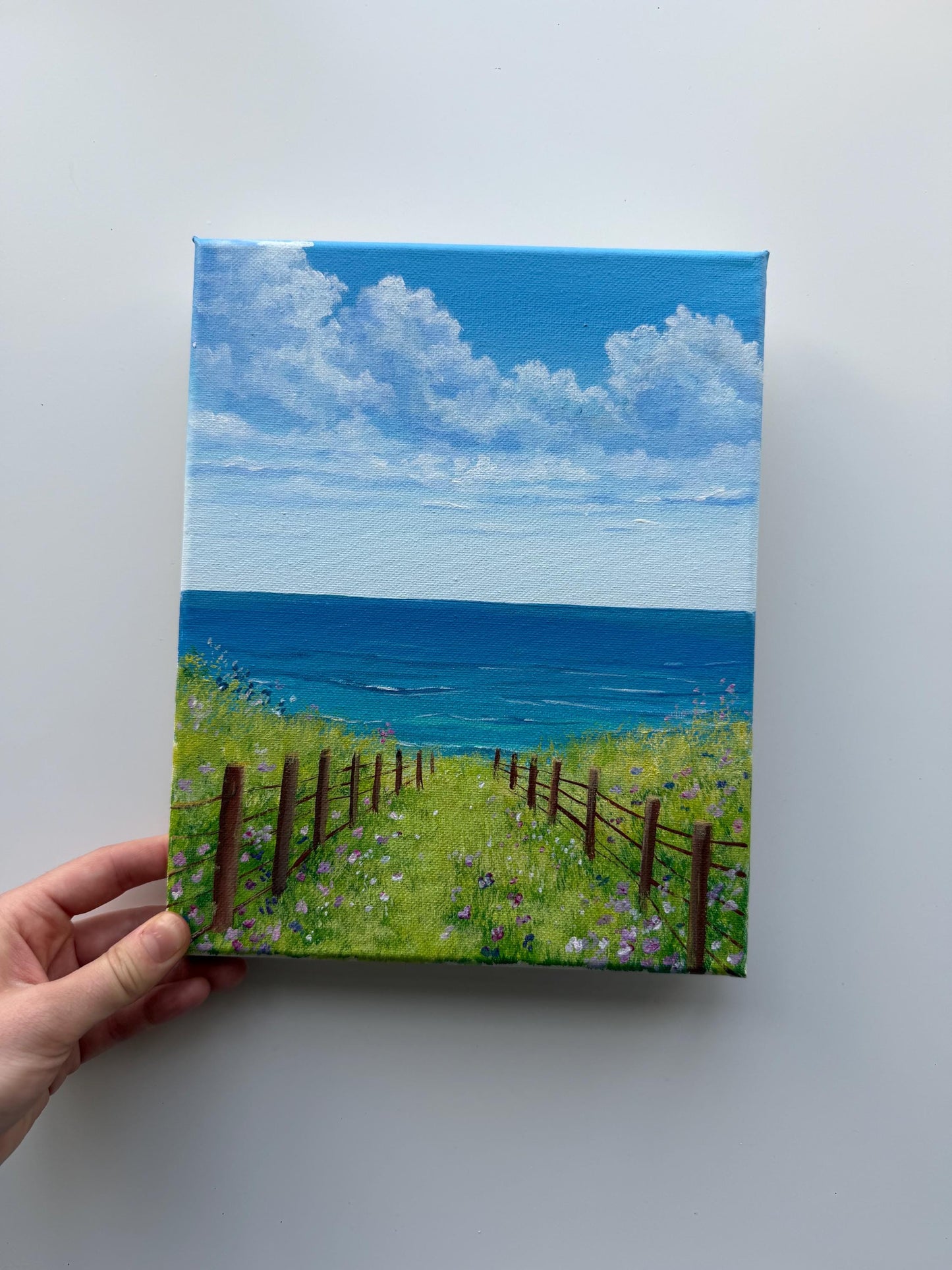 Coastal Path Painting 8x10 | Original Acrylic Seascape | Ocean View Wildflower Meadow | Beach Wall Art