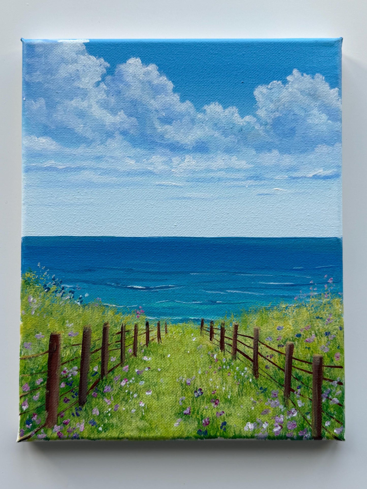 Coastal Path Painting 8x10 | Original Acrylic Seascape | Ocean View Wildflower Meadow | Beach Wall Art