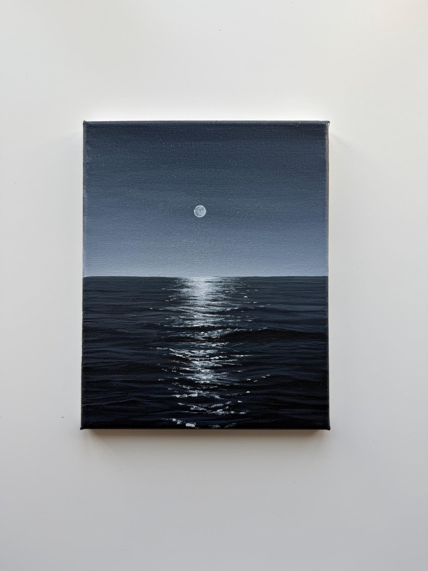Original Acrylic Moonlight Ocean Painting | Moody Seascape Wall Art 8x10