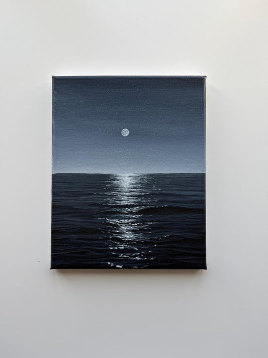 Original Acrylic Moonlight Ocean Painting | Moody Seascape Wall Art 8x10