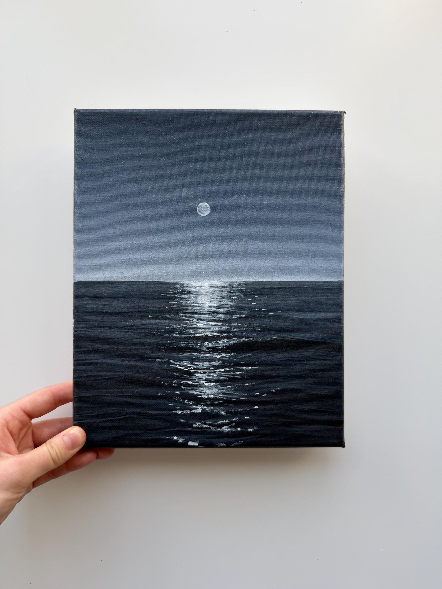 Original Acrylic Moonlight Ocean Painting | Moody Seascape Wall Art 8x10