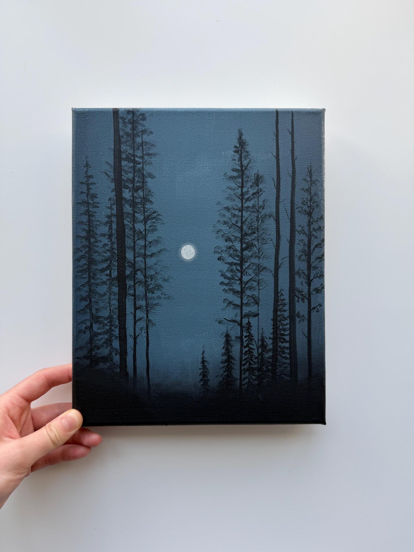 Original Acrylic Moonlit Forest Painting | Misty Night Landscape, Moody Wall Art 8x10