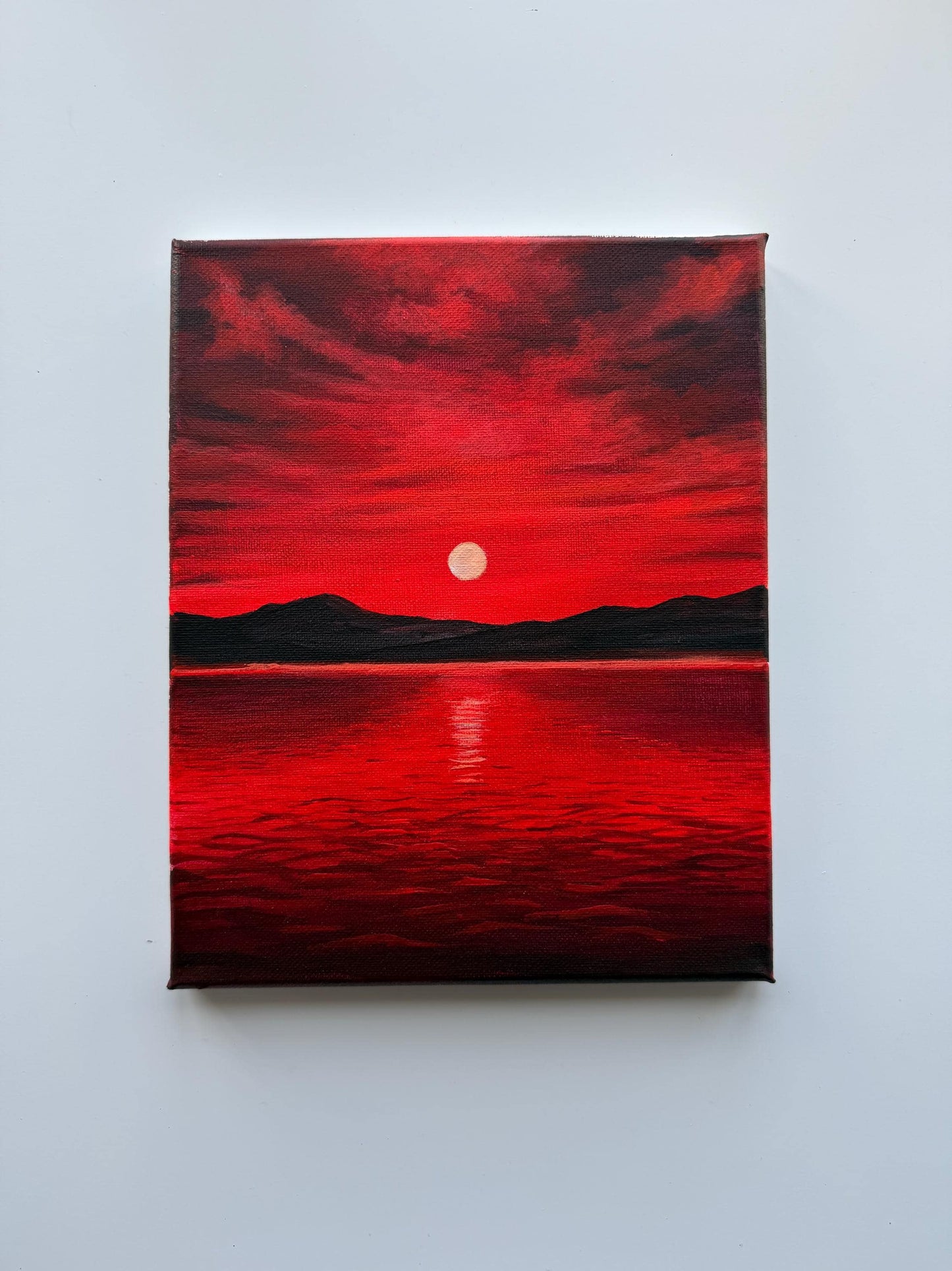 Original Acrylic Sunset Lake Painting | Crimson Sky, Mountain Silhouettes, Reflective Water 8x10