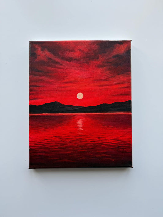 Original Acrylic Sunset Lake Painting | Crimson Sky, Mountain Silhouettes, Reflective Water 8x10