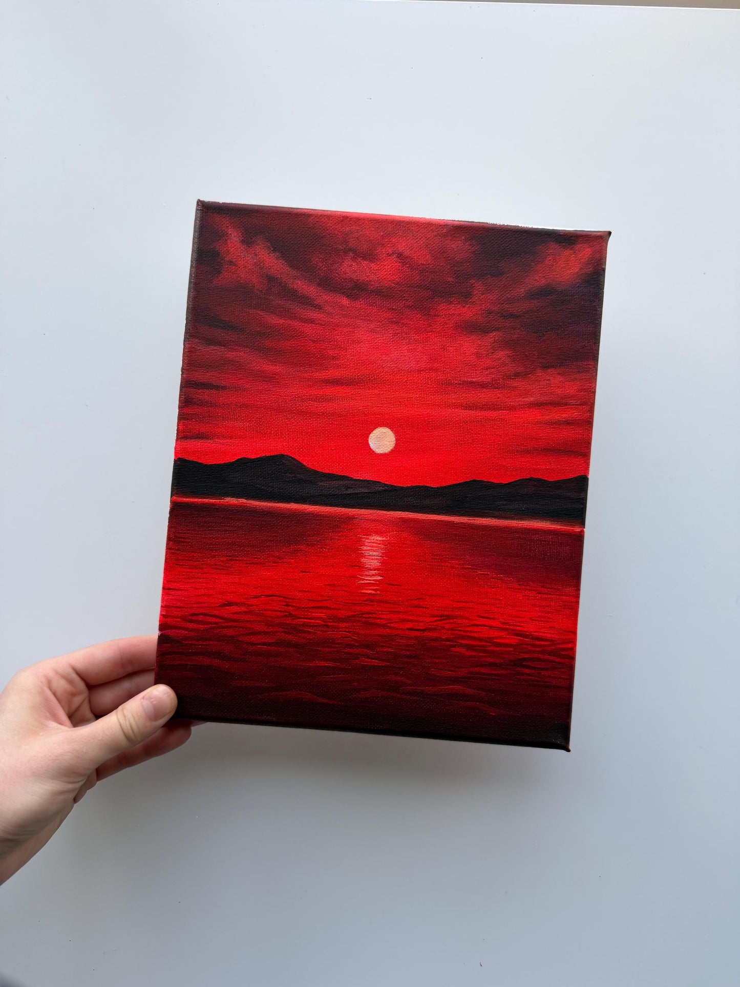 Original Acrylic Sunset Lake Painting | Crimson Sky, Mountain Silhouettes, Reflective Water 8x10