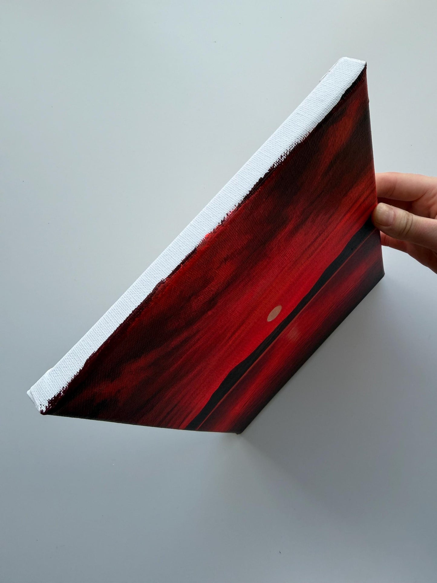 Original Acrylic Sunset Lake Painting | Crimson Sky, Mountain Silhouettes, Reflective Water 8x10