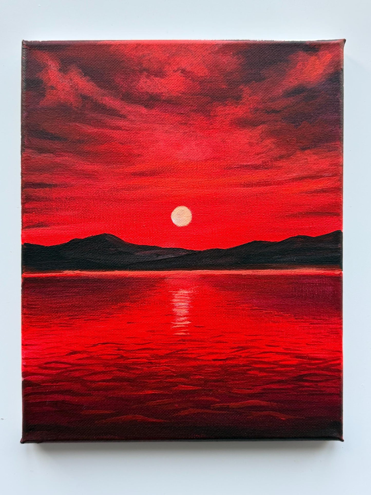 Original Acrylic Sunset Lake Painting | Crimson Sky, Mountain Silhouettes, Reflective Water 8x10