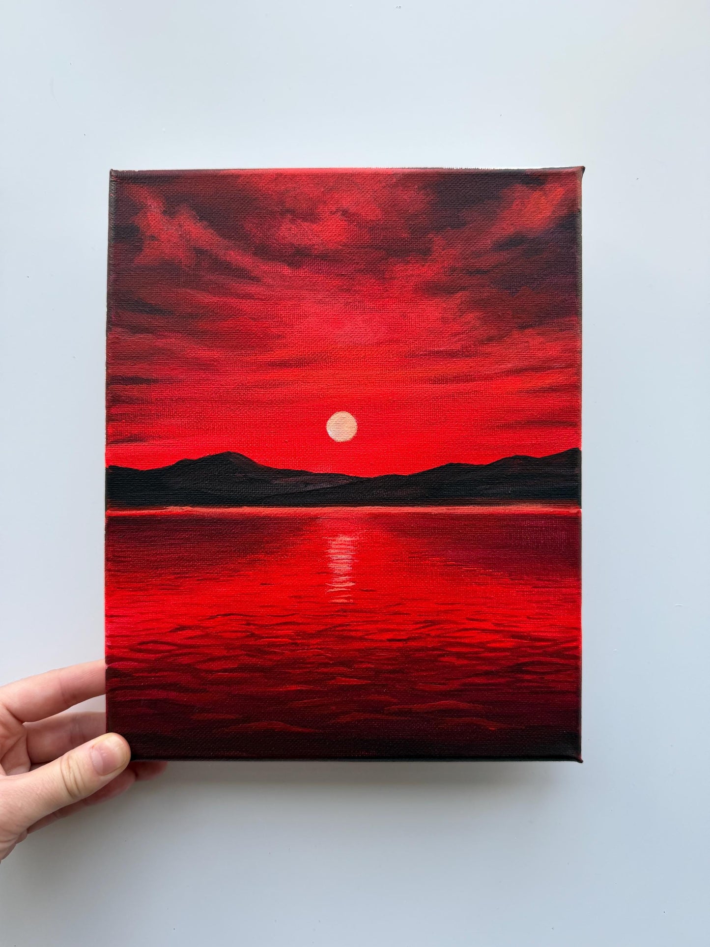 Original Acrylic Sunset Lake Painting | Crimson Sky, Mountain Silhouettes, Reflective Water 8x10