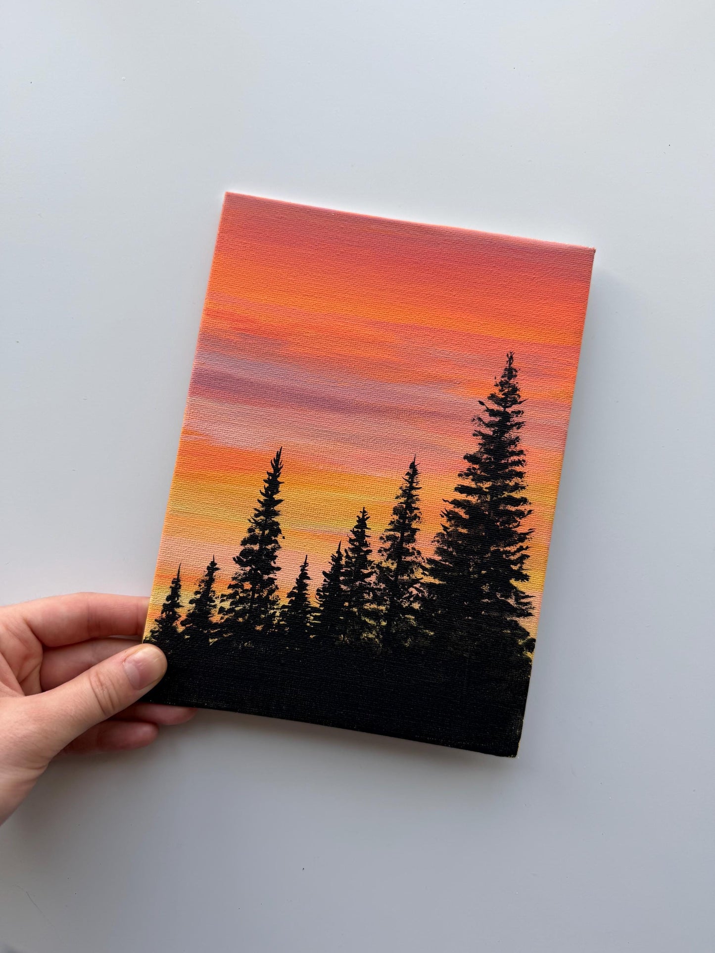 Original Sunset Pine Tree Painting 6x8, Acrylic Forest Landscape Wall Decor