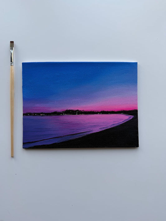 Original Beach Sunset Painting 6x8, Pink Purple Ocean Seascape Canvas Panel Artwork