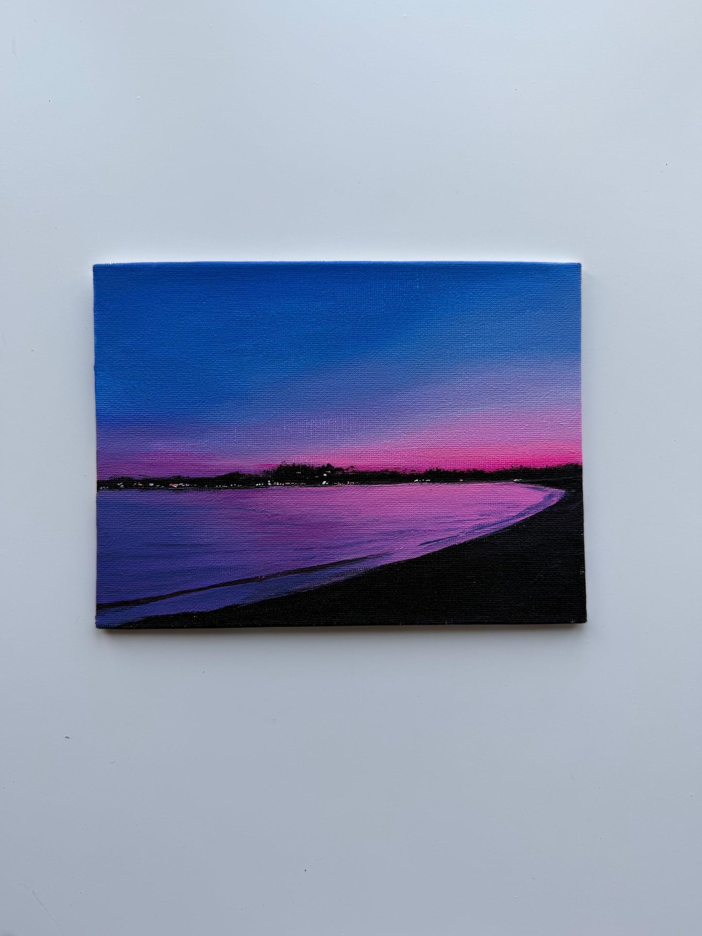 Original Beach Sunset Painting 6x8, Pink Purple Ocean Seascape Canvas Panel Artwork