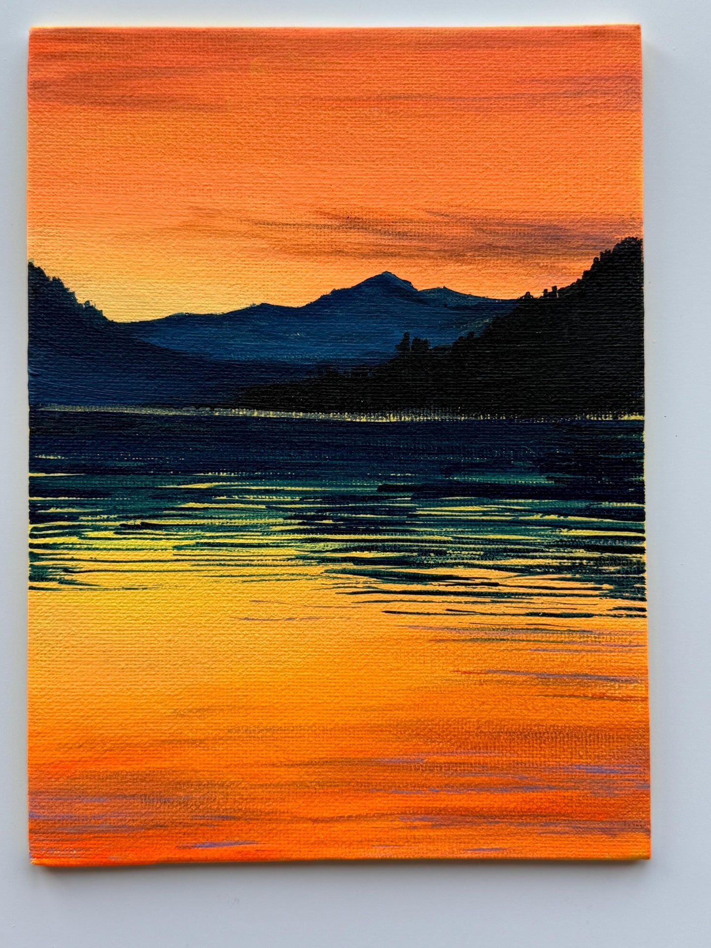 Original Acrylic Lake Sunset Painting 6x8, Mountain Reflection Landscape Art (Canvas Panel)