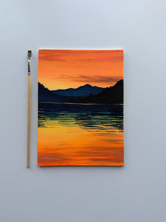 Original Acrylic Lake Sunset Painting 6x8, Mountain Reflection Landscape Art (Canvas Panel)