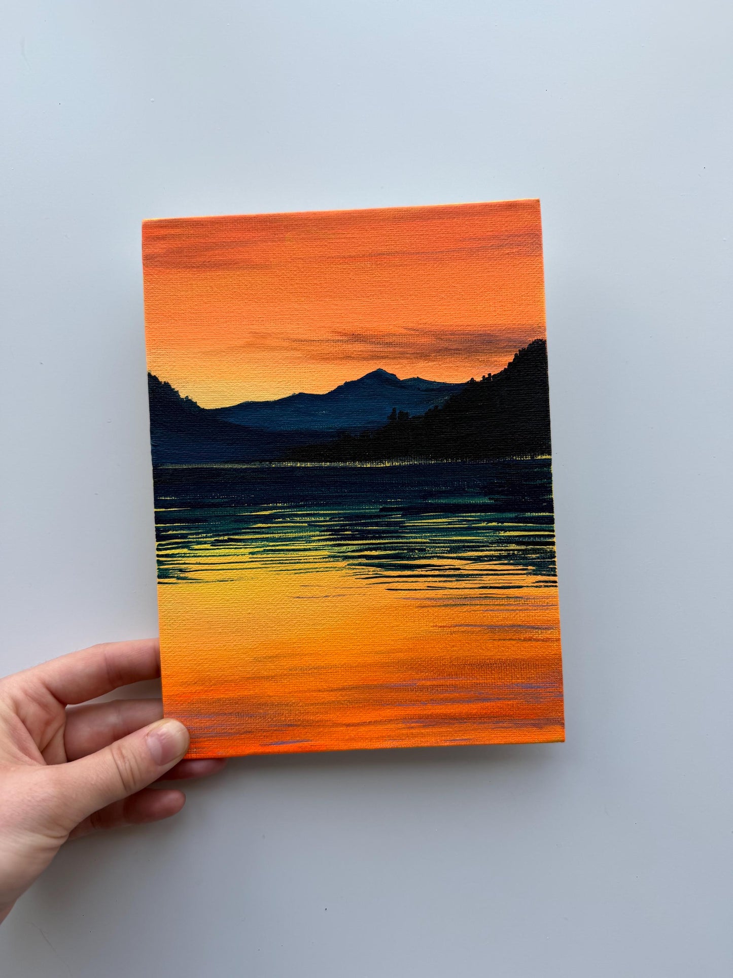 Original Acrylic Lake Sunset Painting 6x8, Mountain Reflection Landscape Art (Canvas Panel)