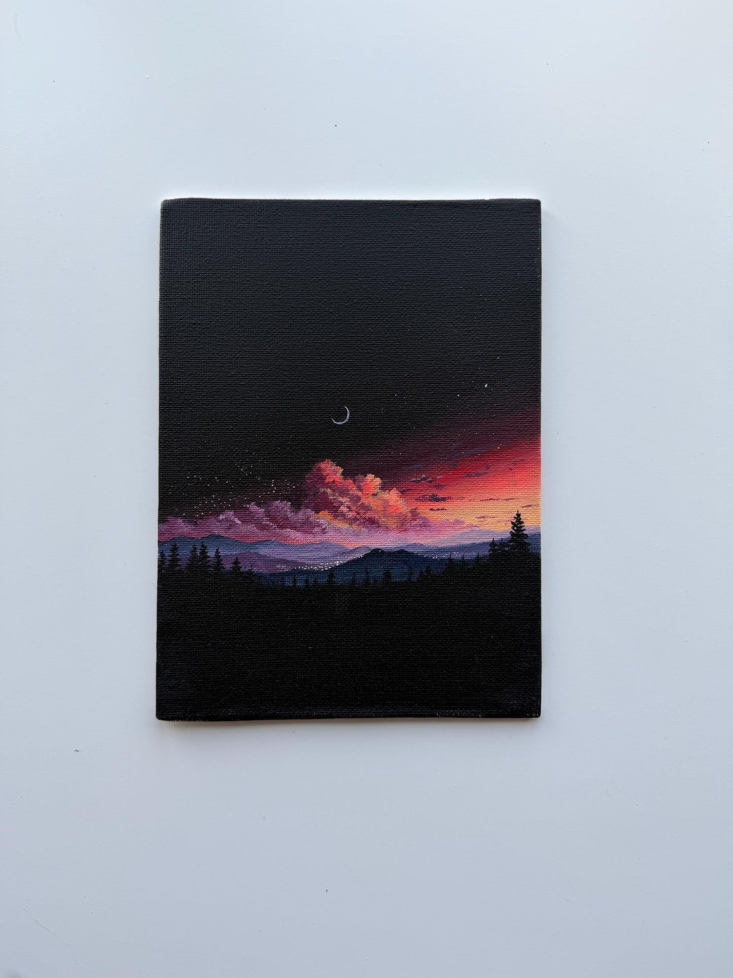 Original Acrylic Painting 6x8, Moody Crescent Moon Landscape, Dark Forest Sunset Canvas Panel Art