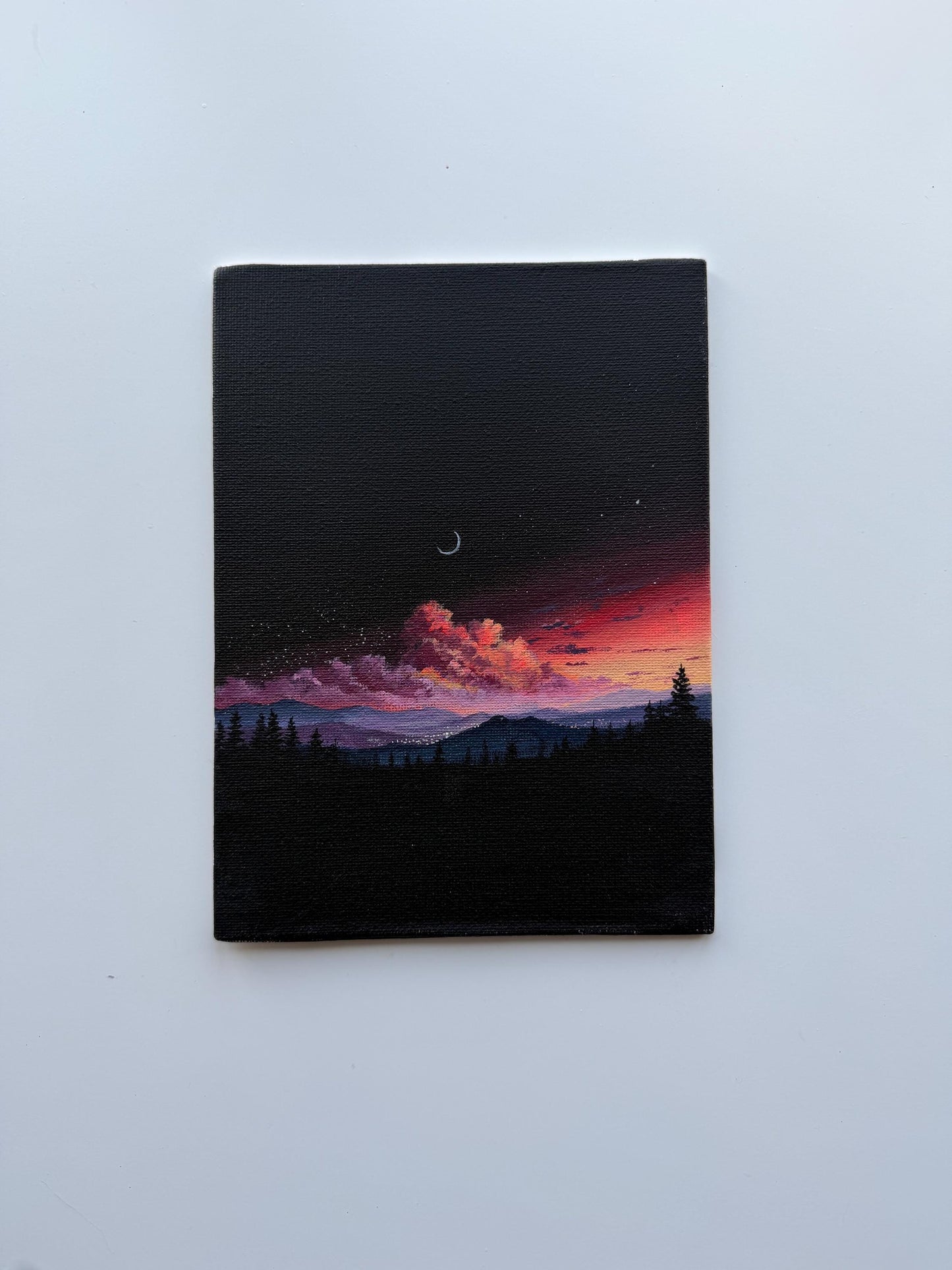 Original Acrylic Painting 6x8, Moody Crescent Moon Landscape, Dark Forest Sunset Canvas Panel Art