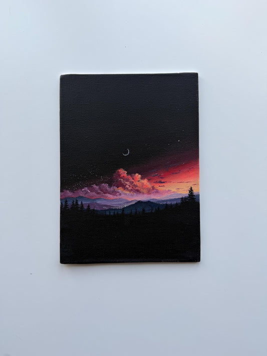 Original Acrylic Painting 6x8, Moody Crescent Moon Landscape, Dark Forest Sunset Canvas Panel Art
