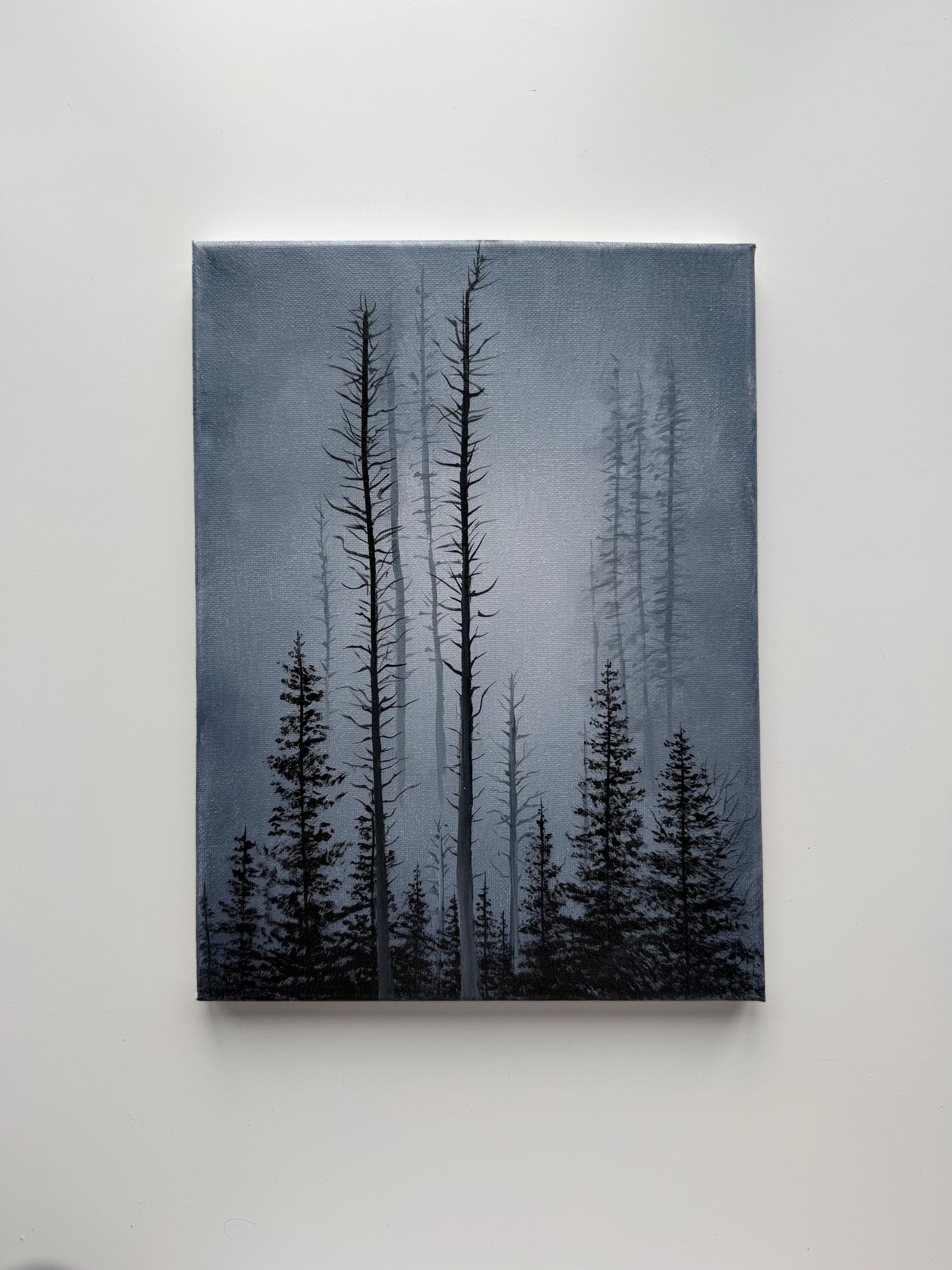 Original Misty Forest Painting, Moody Woodland Wall Art, 9x12 Stretched Canvas