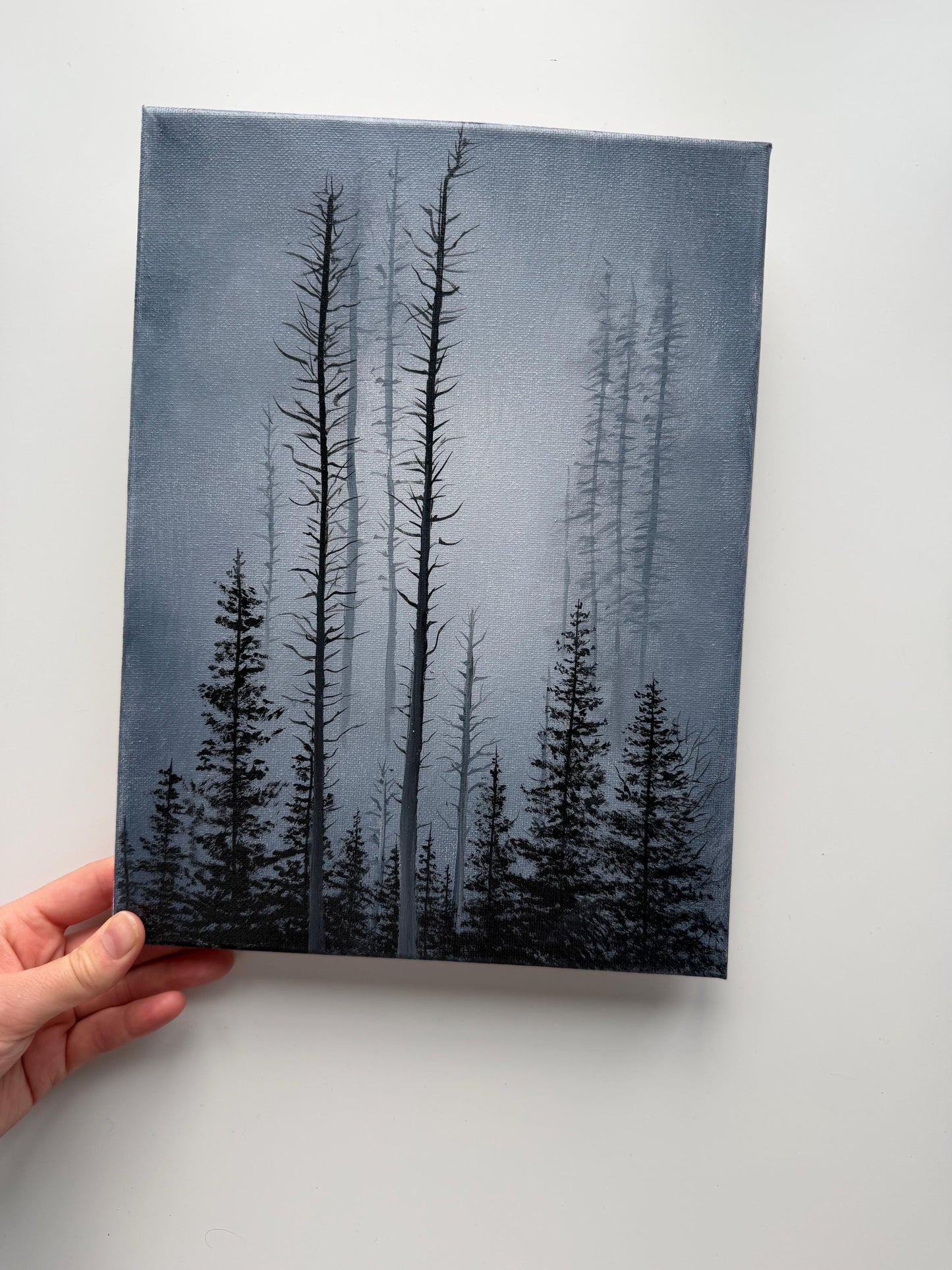 Original Misty Forest Painting, Moody Woodland Wall Art, 9x12 Stretched Canvas