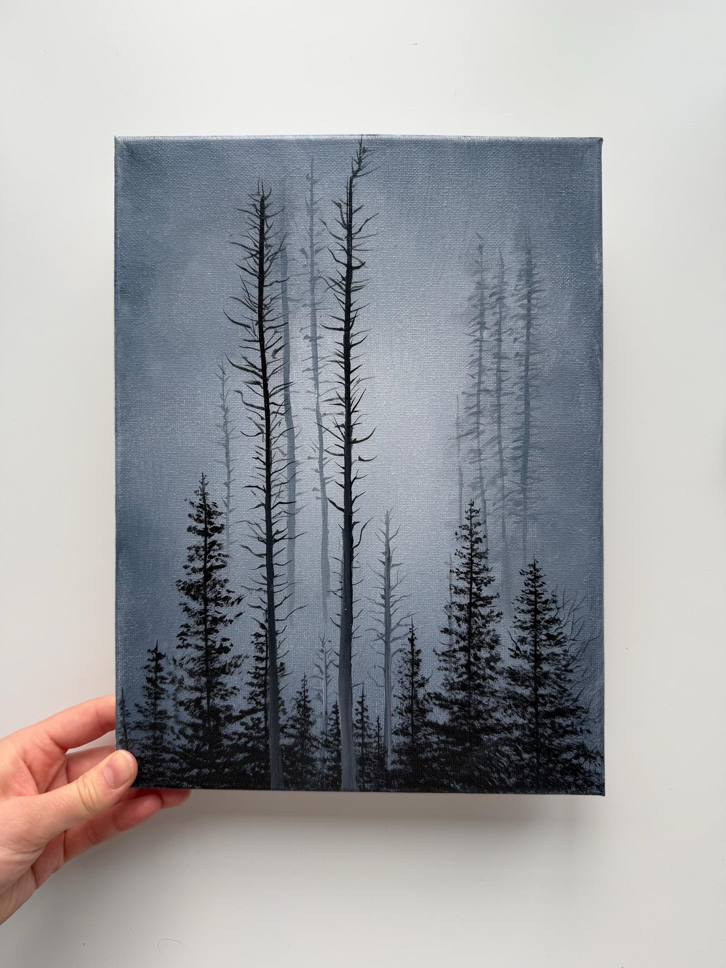 Original Misty Forest Painting, Moody Woodland Wall Art, 9x12 Stretched Canvas