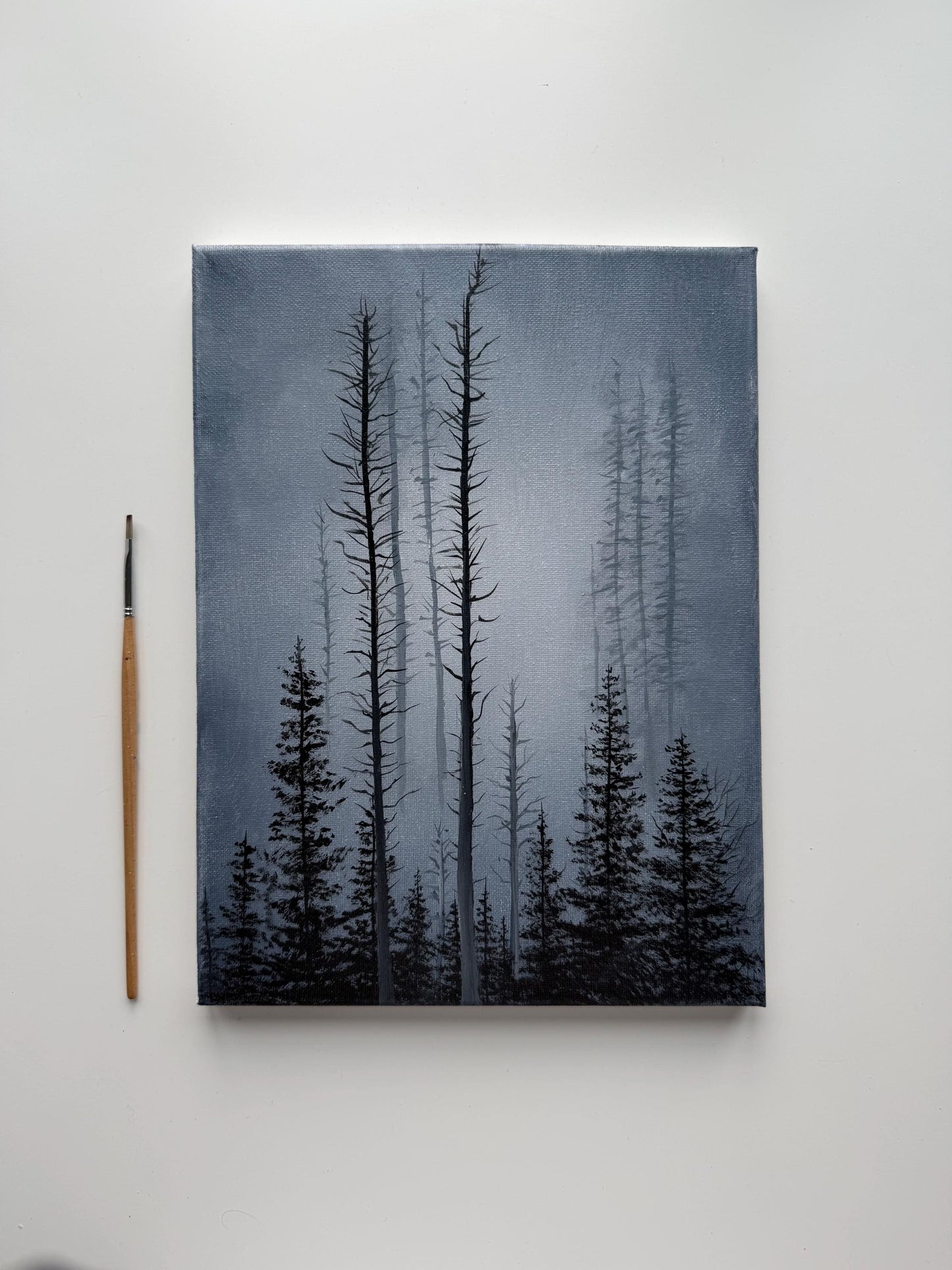 Original Misty Forest Painting, Moody Woodland Wall Art, 9x12 Stretched Canvas