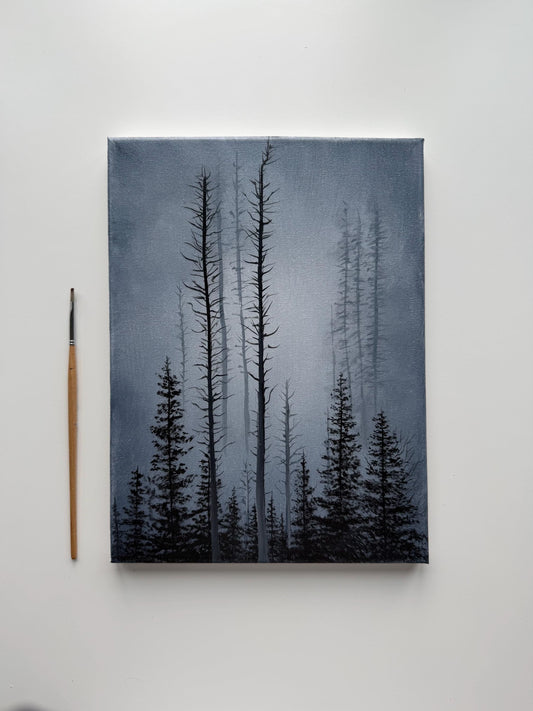 Original Misty Forest Painting, Moody Woodland Wall Art, 9x12 Stretched Canvas
