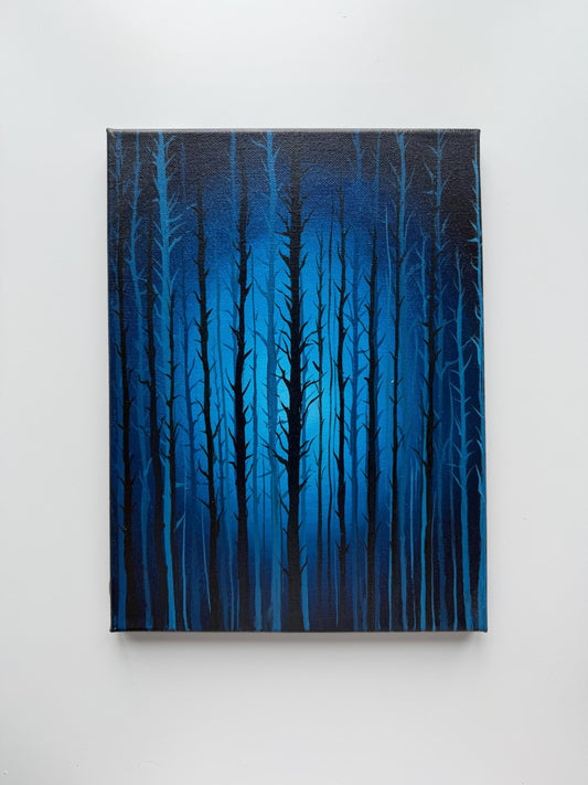 Original Blue Forest Acrylic Painting, Moody Tree Wall Art, 9x12 Stretched Canvas