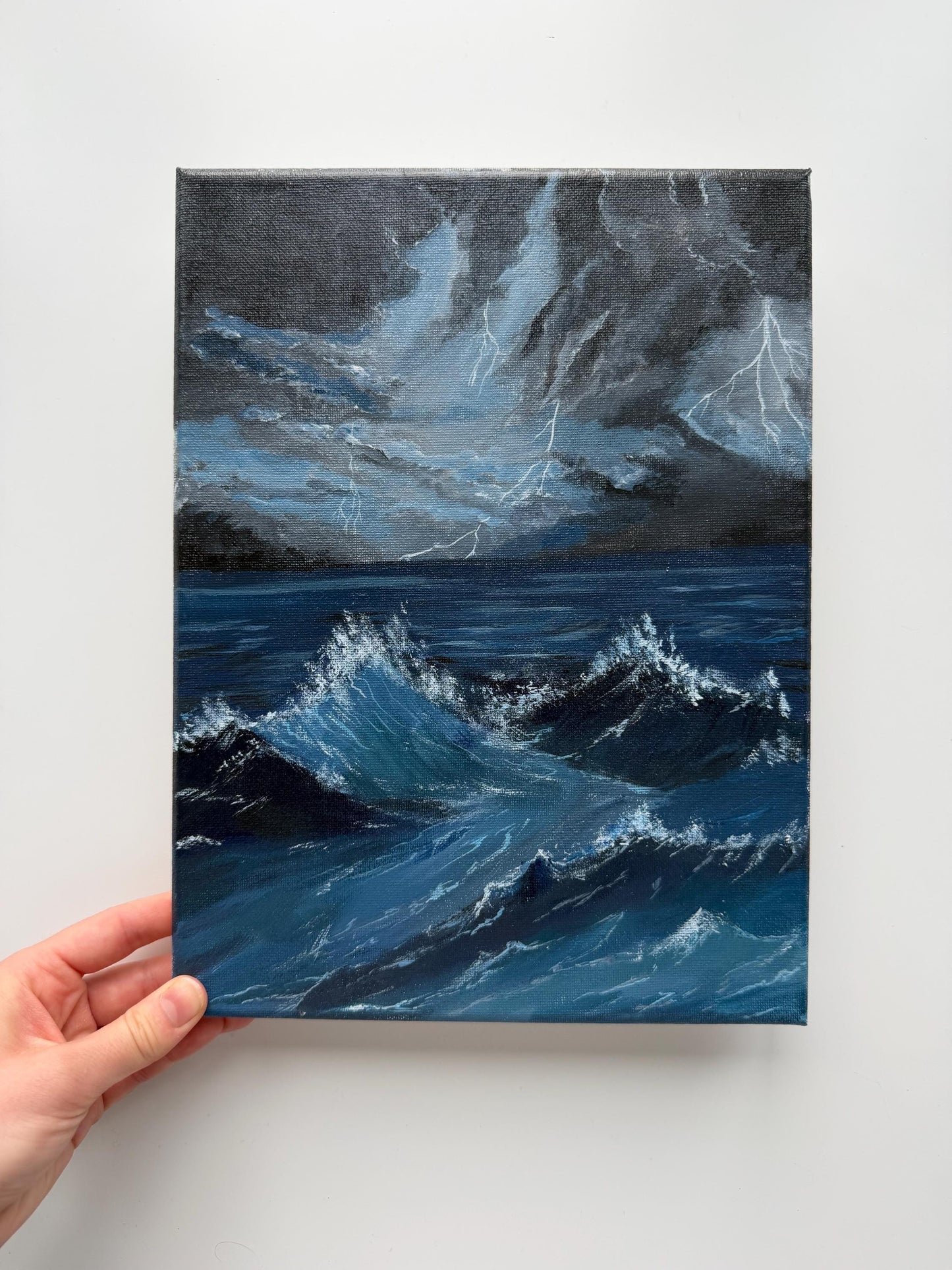 Original Stormy Ocean Painting, Moody Seascape Wall Art, Lightning Wave Acrylic Canvas