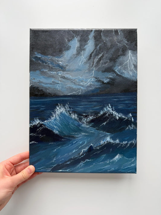 Original Stormy Ocean Painting, Moody Seascape Wall Art, Lightning Wave Acrylic Canvas