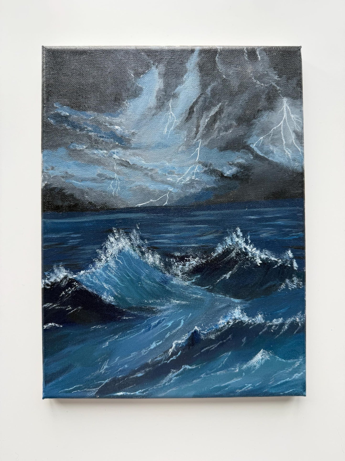 Original Stormy Ocean Painting, Moody Seascape Wall Art, Lightning Wave Acrylic Canvas