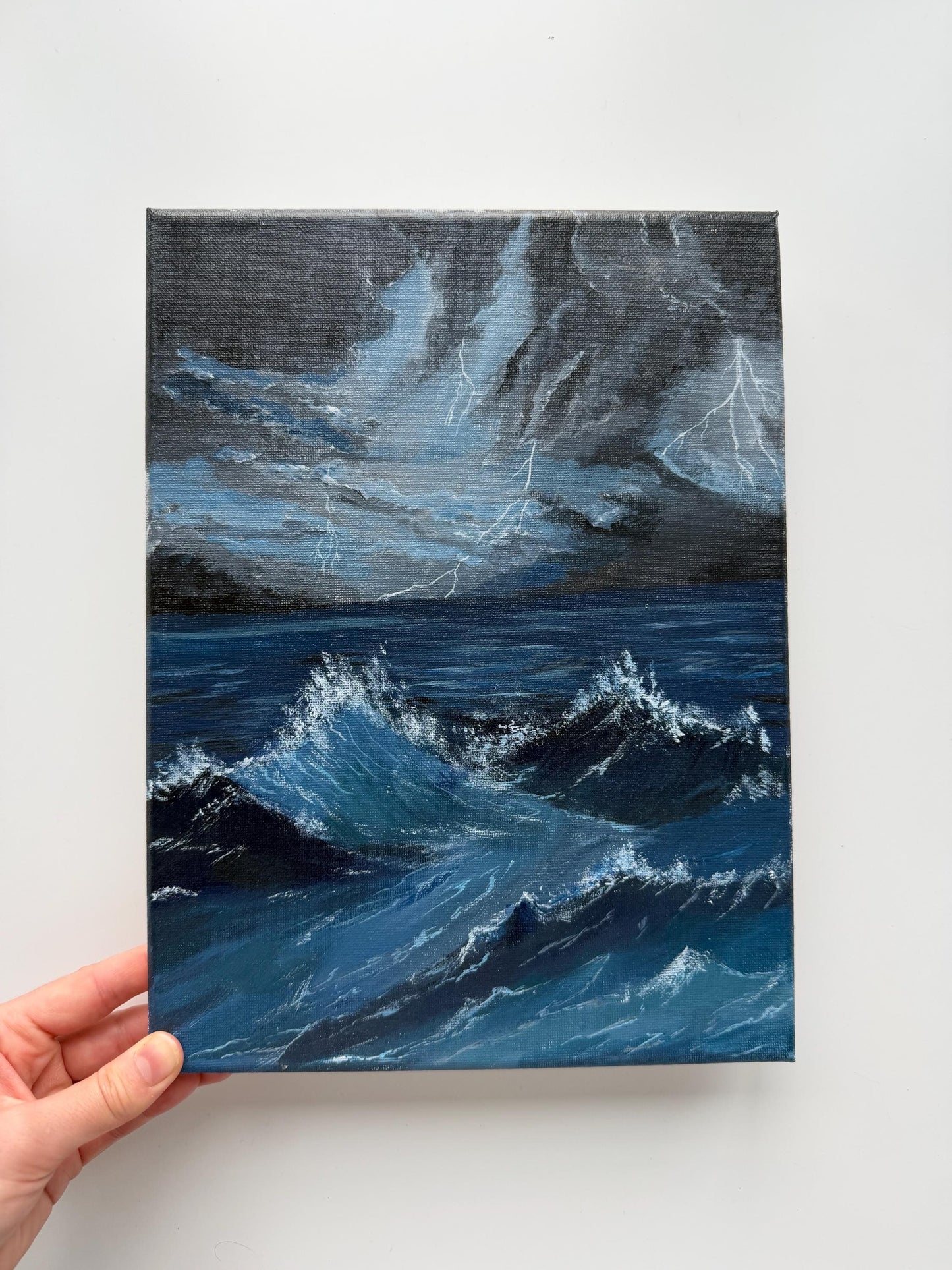 Original Stormy Ocean Painting, Moody Seascape Wall Art, Lightning Wave Acrylic Canvas