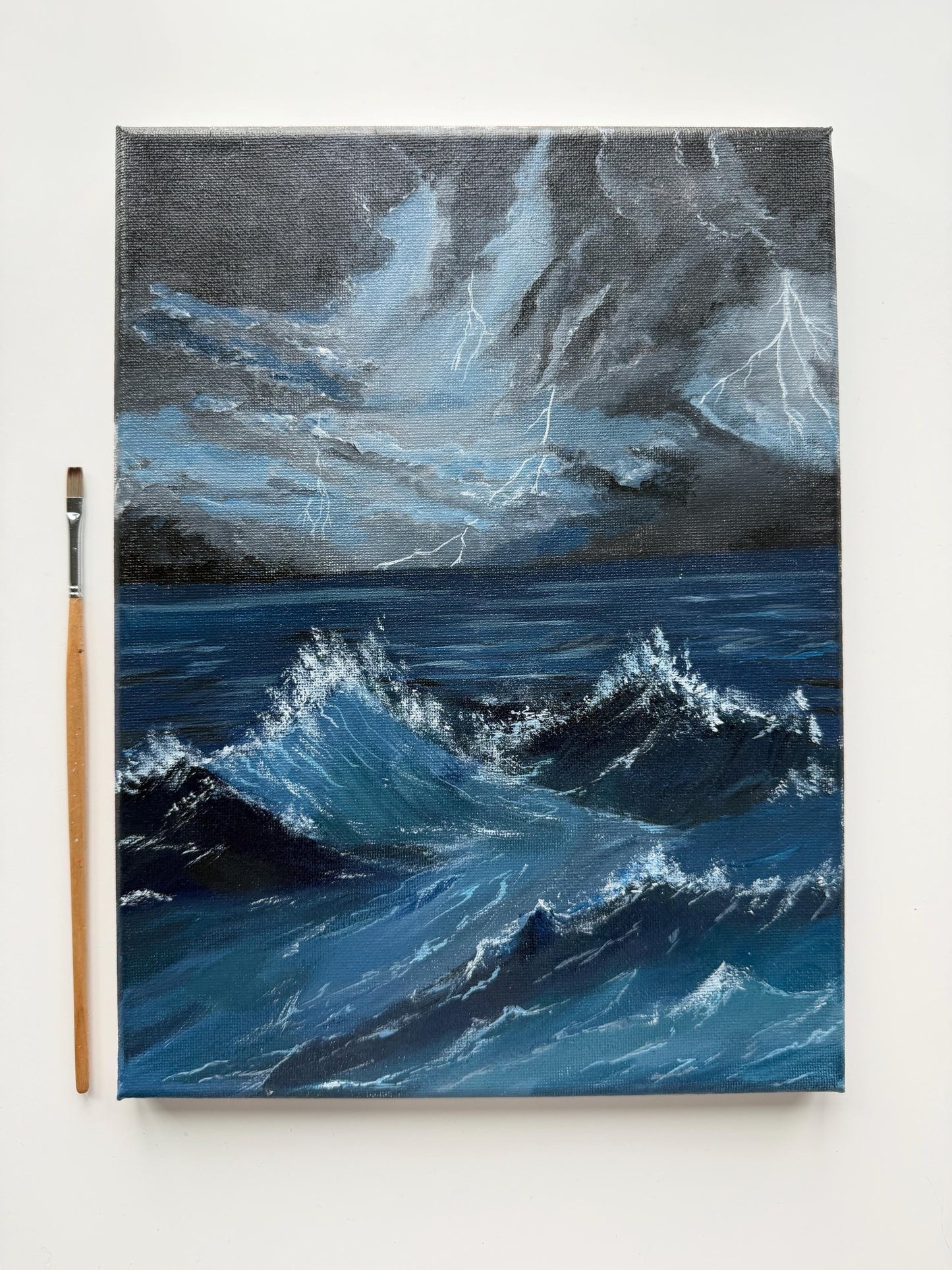 Original Stormy Ocean Painting, Moody Seascape Wall Art, Lightning Wave Acrylic Canvas