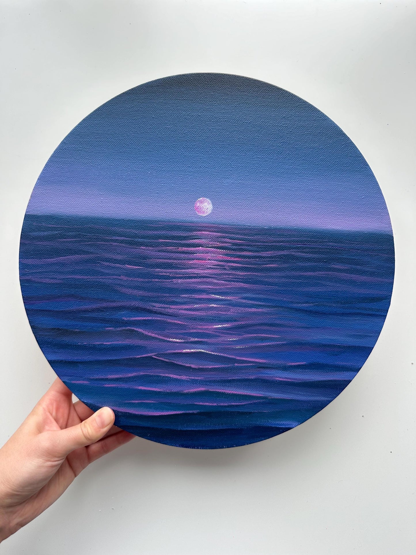 Original Moon Ocean Painting, Purple Blue Seascape Wall Art, 12 Inch Round Canvas