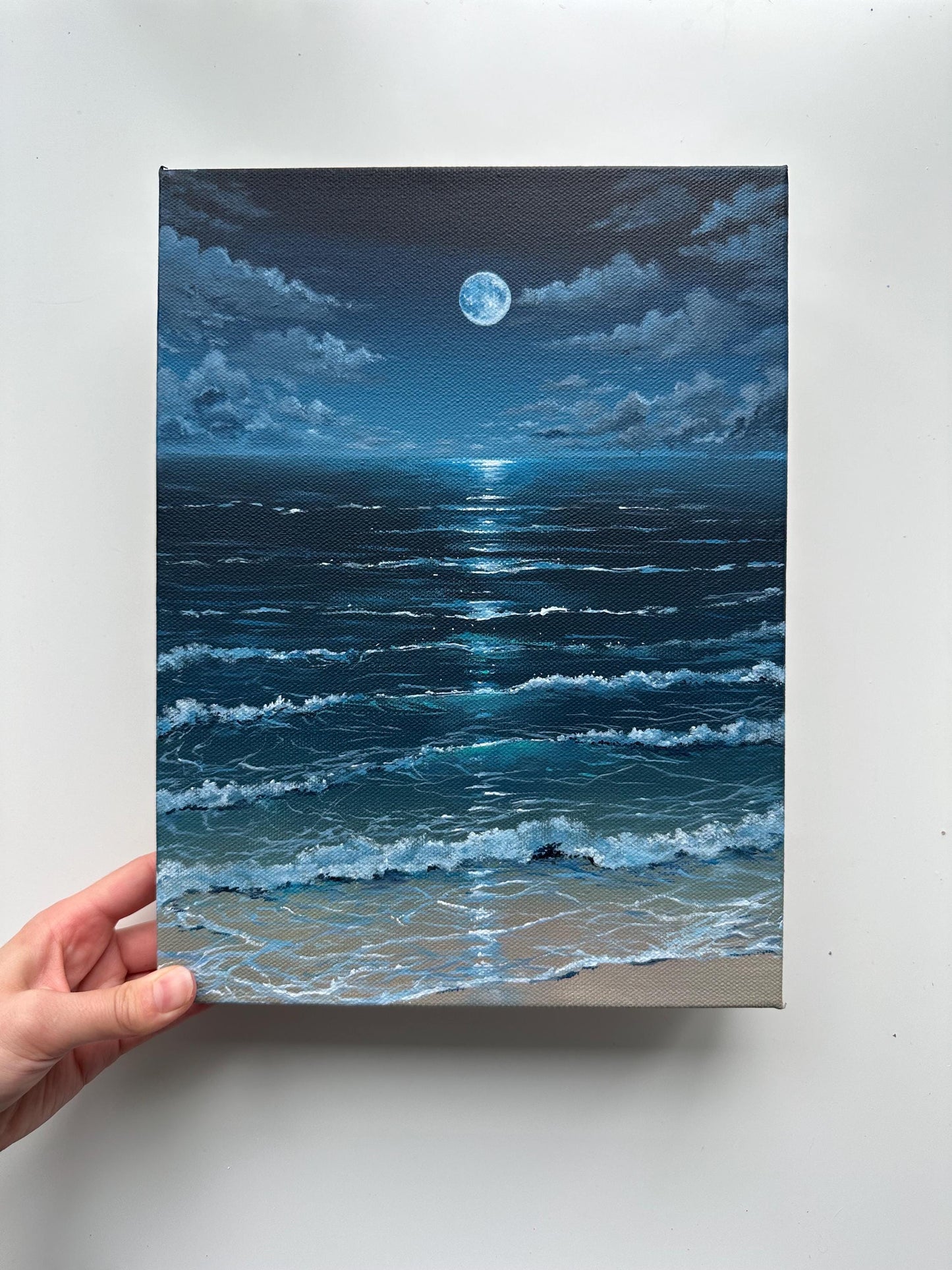 Original Moonlit Beach Painting, 9x12 Gallery Wrapped Canvas, Night Ocean Seascape Art