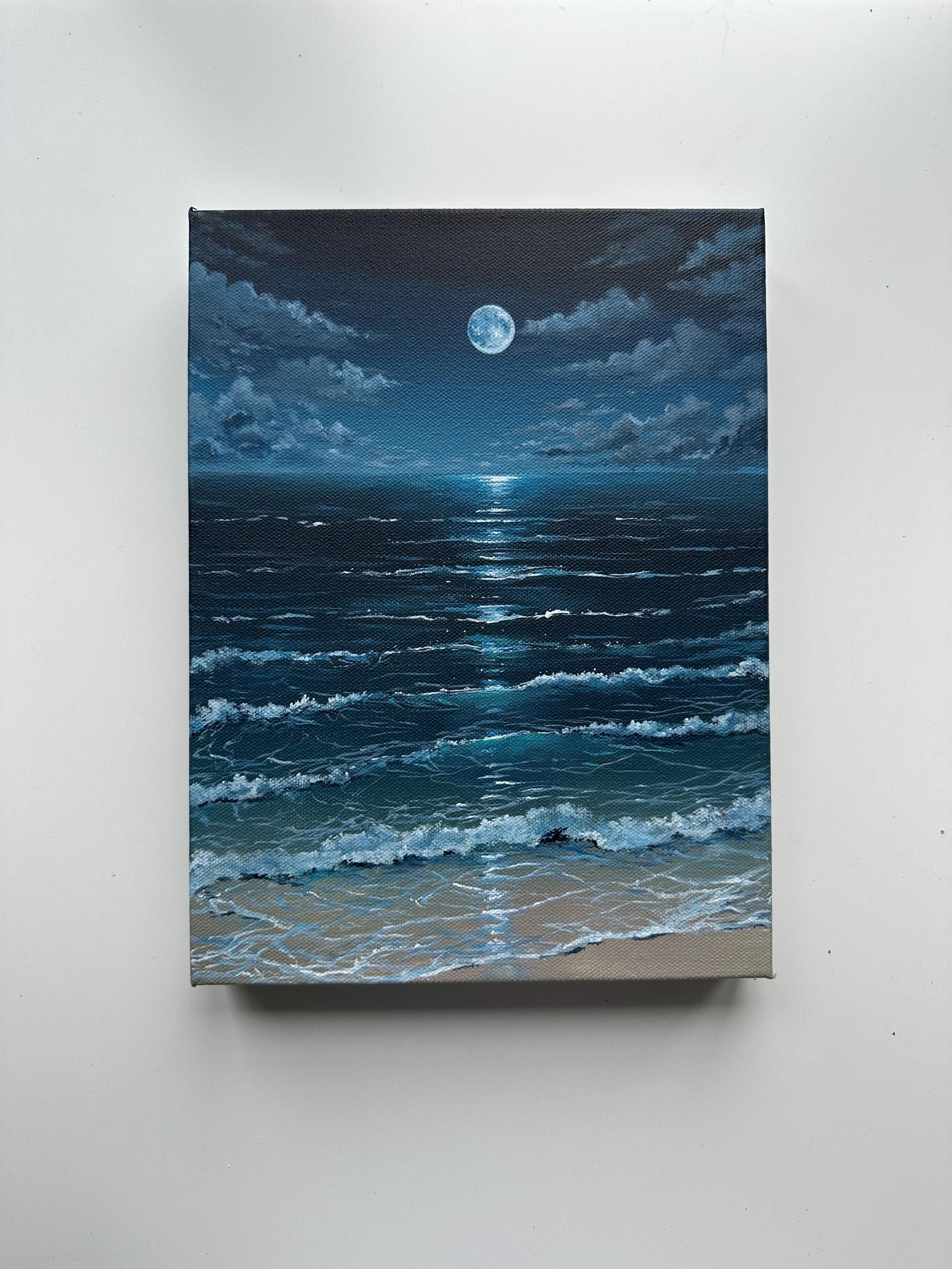 Original Moonlit Beach Painting, 9x12 Gallery Wrapped Canvas, Night Ocean Seascape Art