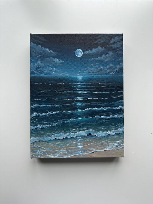 Original Moonlit Beach Painting, 9x12 Gallery Wrapped Canvas, Night Ocean Seascape Art