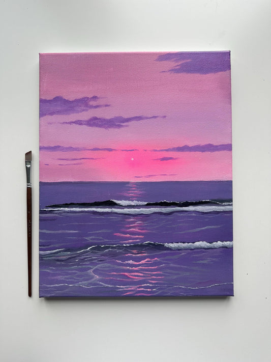 Original Pink Purple Ocean Sunset Painting, 11x14 Stretched Canvas Seascape Wall Art