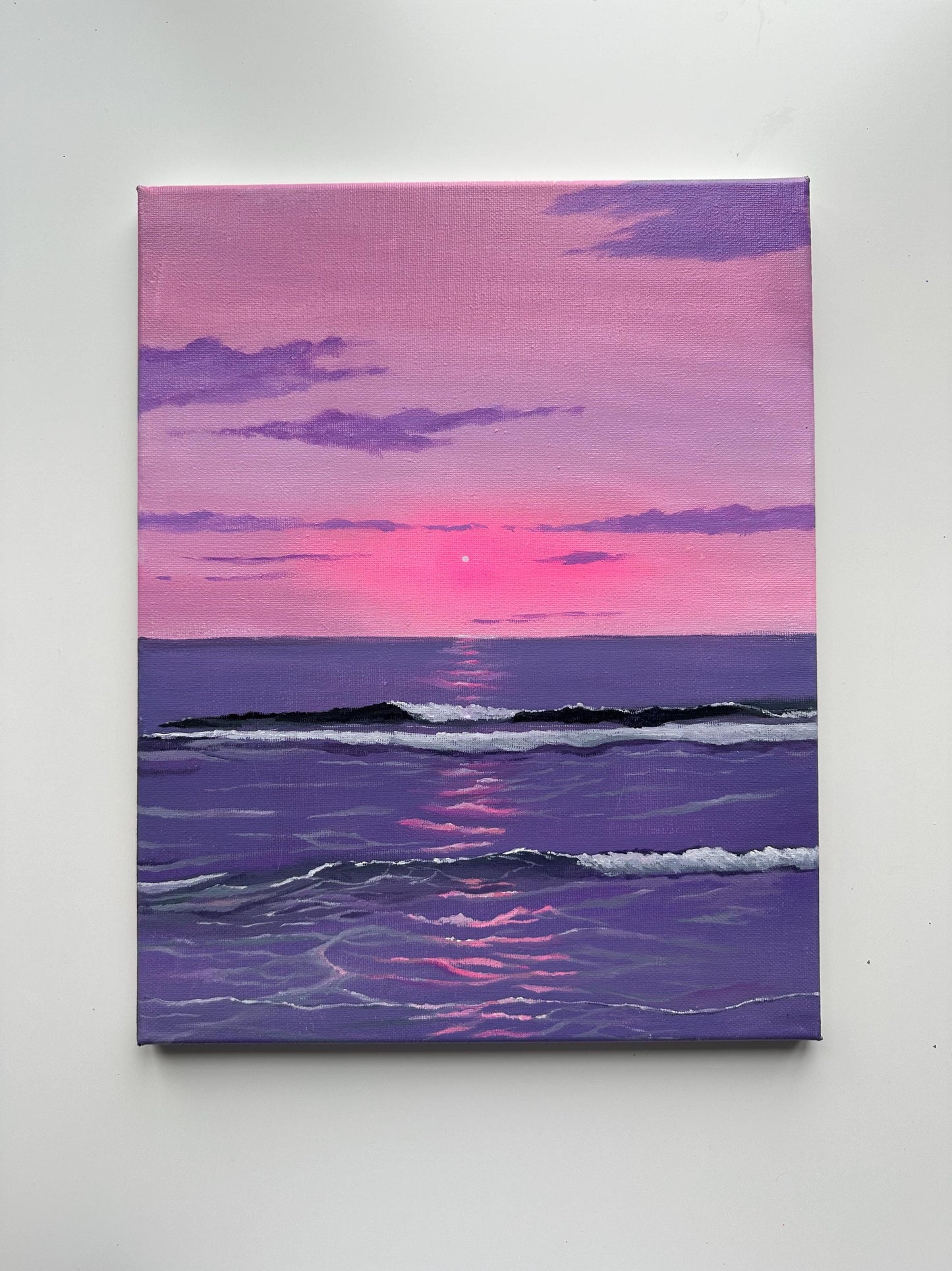Original Pink Purple Ocean Sunset Painting, 11x14 Stretched Canvas Seascape Wall Art