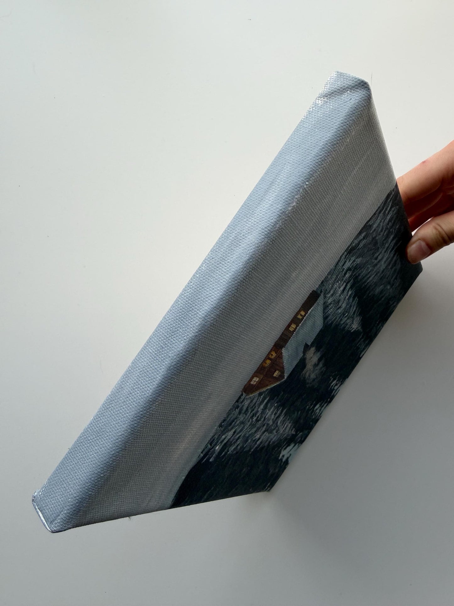 Original Acrylic Winter Cabin Painting 8x8, Snowy Forest Woodland Art, Cozy Wall Decor