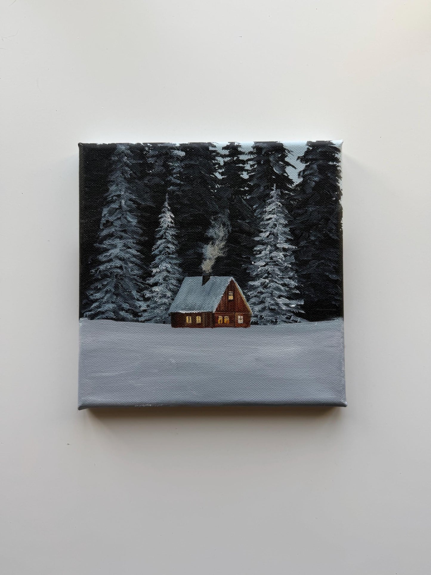 Original Acrylic Winter Cabin Painting 8x8, Snowy Forest Woodland Art, Cozy Wall Decor