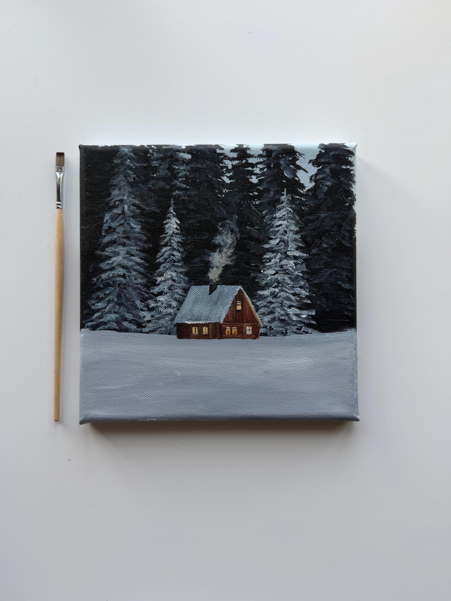Original Acrylic Winter Cabin Painting 8x8, Snowy Forest Woodland Art, Cozy Wall Decor