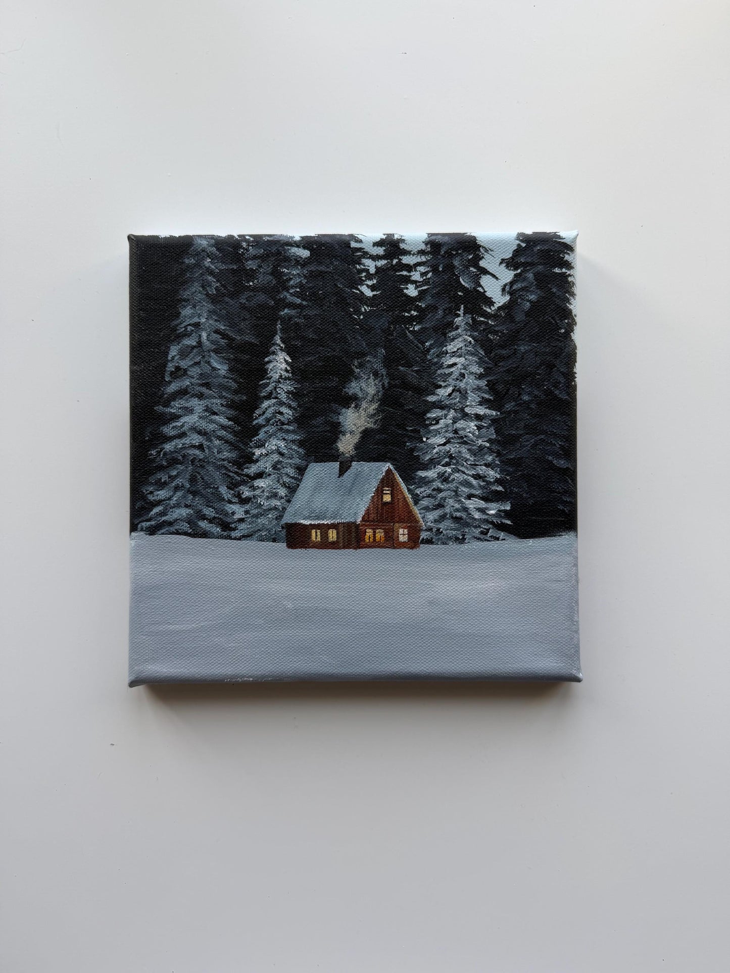 Original Acrylic Winter Cabin Painting 8x8, Snowy Forest Woodland Art, Cozy Wall Decor