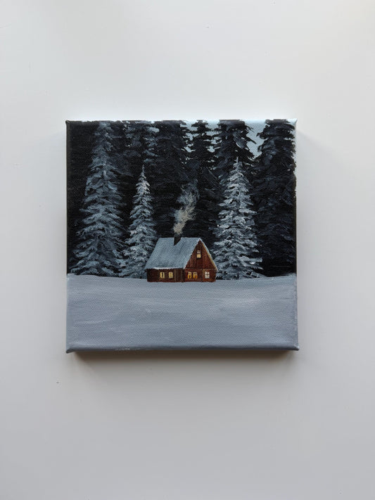 Original Acrylic Winter Cabin Painting 8x8, Snowy Forest Woodland Art, Cozy Wall Decor