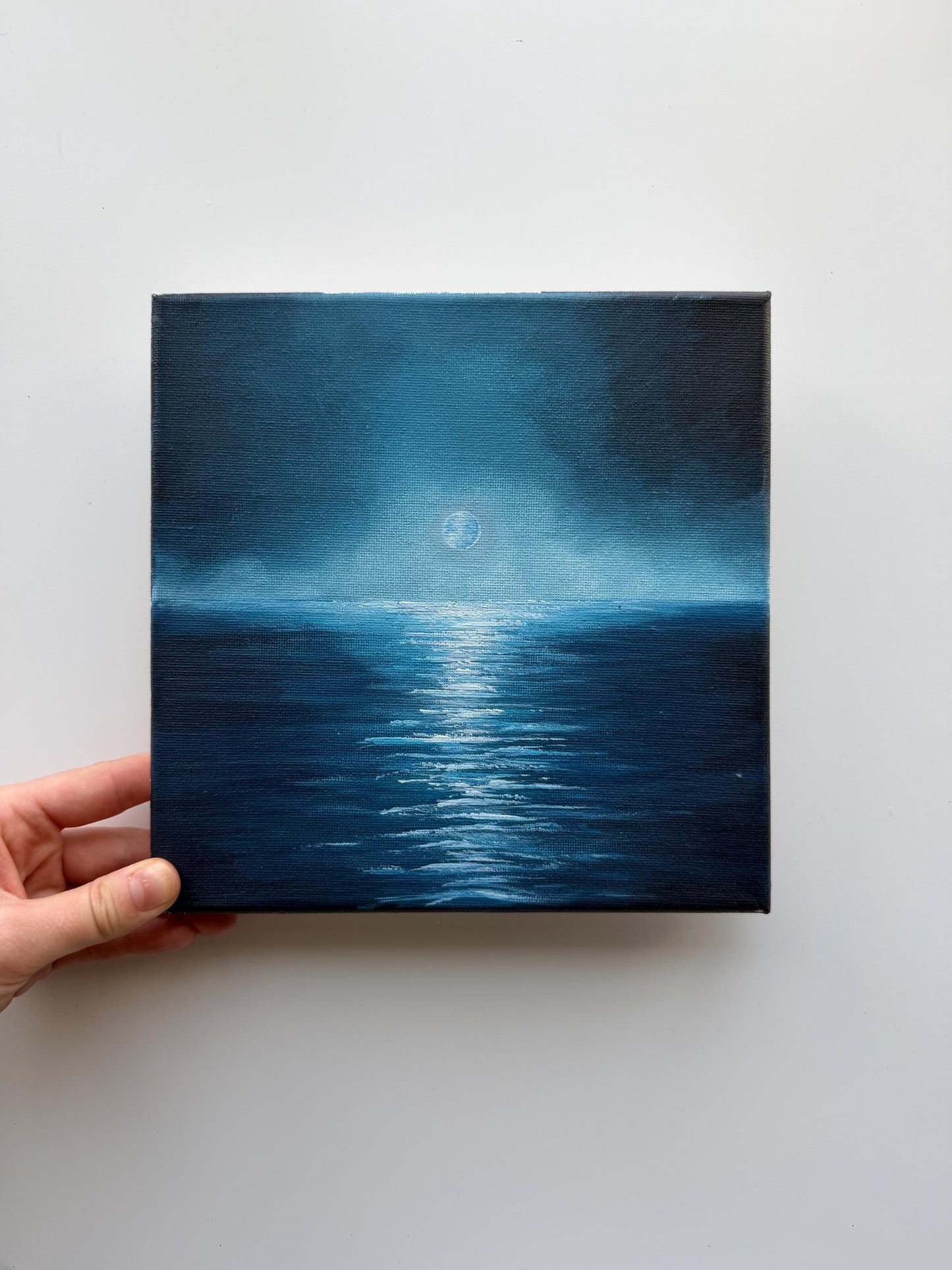 Original Moonlit Ocean Painting 8x8, Night Seascape Wall Art, Blue Moon Reflection Acrylic Painting