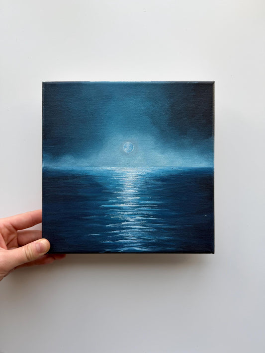 Original Moonlit Ocean Painting 8x8, Night Seascape Wall Art, Blue Moon Reflection Acrylic Painting