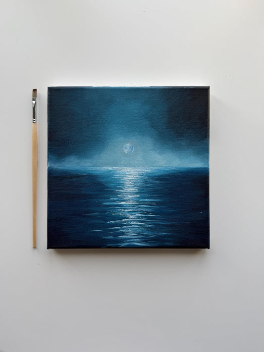 Original Moonlit Ocean Painting 8x8, Night Seascape Wall Art, Blue Moon Reflection Acrylic Painting