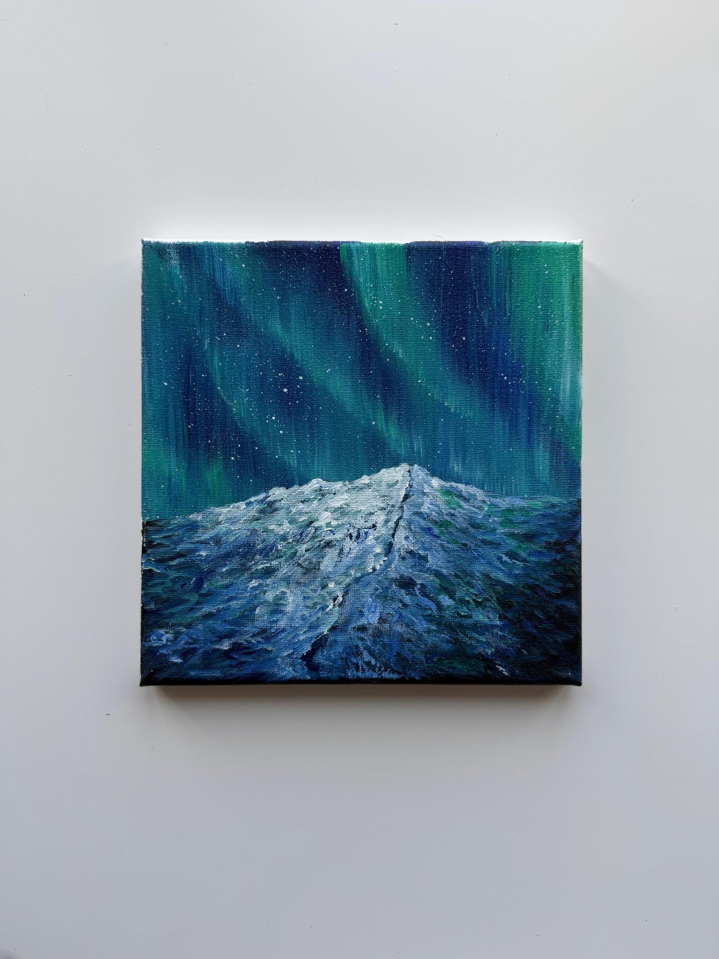 Original Aurora Borealis Painting 8x8, Northern Lights Mountain Art, Small Acrylic Landscape on Canvas